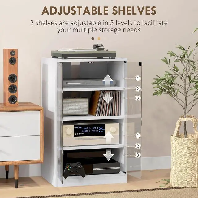 Alt view image 4 of 7 - Media Cabinet 4-Tier Stereo Cabinet with Glass Door Distressed White | Vinyl Record Player, AV Record Player Stand, Adjustable Shelves, Push-to-Open Glass Doors, Cable Management