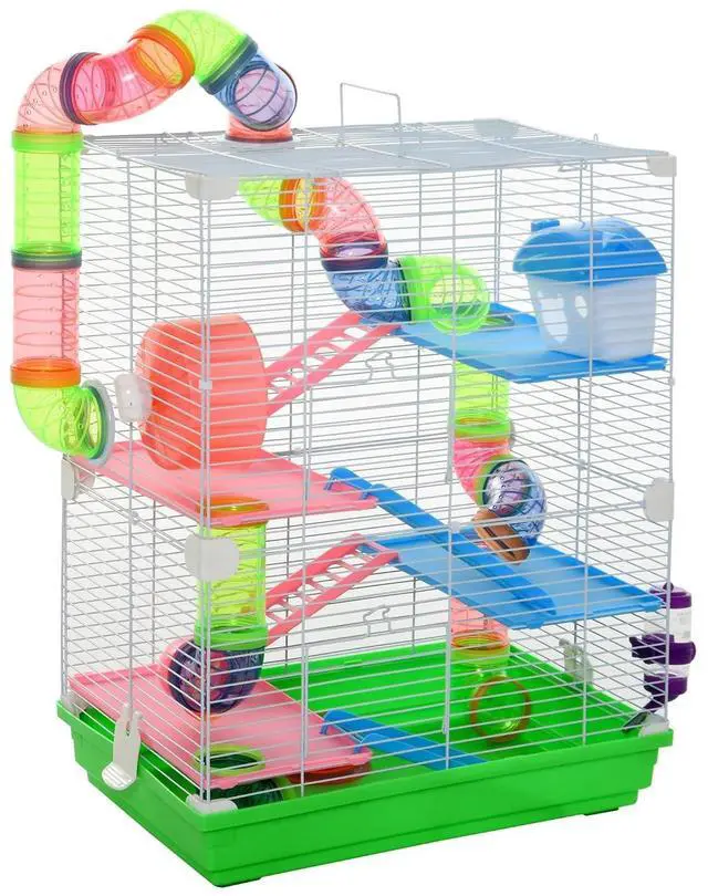 Main image of PawHut 18" 5 Tier Hamster Cage w/Tubes and Tunnels for Gerbil Green&White | Small Animal Cage, Portable Carry Handle, Water Bottle, Food Dish, Exercise Wheel
