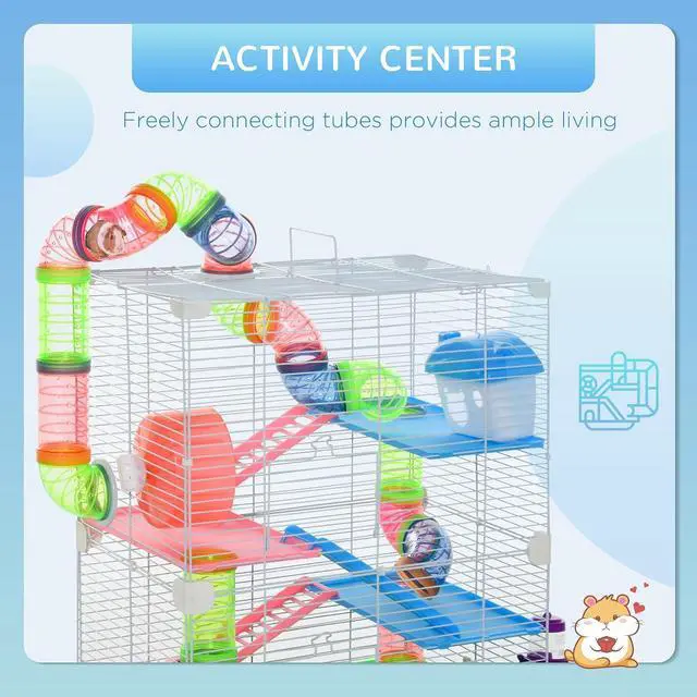 Alt view image 3 of 7 - PawHut 18" 5 Tier Hamster Cage w/Tubes and Tunnels for Gerbil Green&White | Small Animal Cage, Portable Carry Handle, Water Bottle, Food Dish, Exercise Wheel