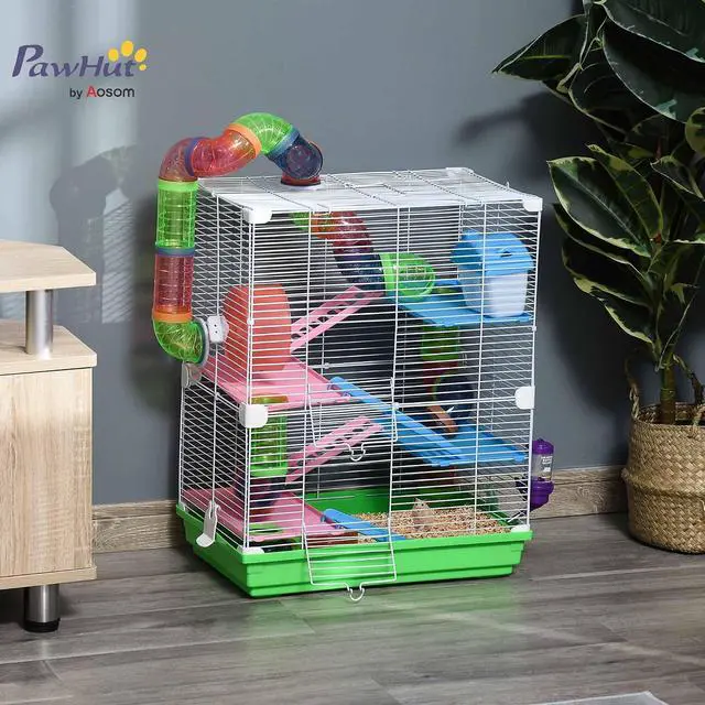 Alt view image 2 of 7 - PawHut 18" 5 Tier Hamster Cage w/Tubes and Tunnels for Gerbil Green&White | Small Animal Cage, Portable Carry Handle, Water Bottle, Food Dish, Exercise Wheel
