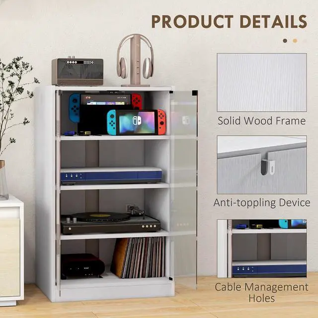 Alt view image 7 of 7 - Media Cabinet 4-Tier Stereo Cabinet with Glass Door Distressed White | Vinyl Record Player, AV Record Player Stand, Adjustable Shelves, Push-to-Open Glass Doors, Cable Management