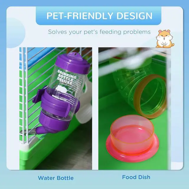 Alt view image 4 of 7 - PawHut 18" 5 Tier Hamster Cage w/Tubes and Tunnels for Gerbil Green&White | Small Animal Cage, Portable Carry Handle, Water Bottle, Food Dish, Exercise Wheel