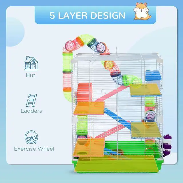 Alt view image 5 of 7 - PawHut 18" 5 Tier Hamster Cage w/Tubes and Tunnels for Gerbil Green&White | Small Animal Cage, Portable Carry Handle, Water Bottle, Food Dish, Exercise Wheel
