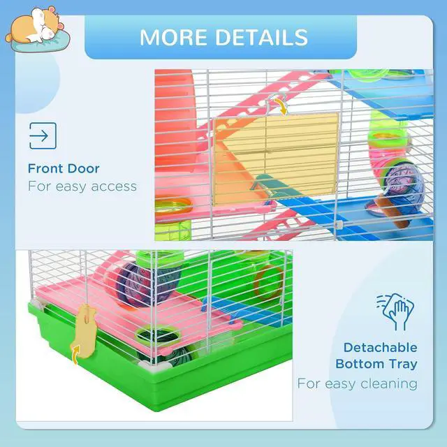 Alt view image 6 of 7 - PawHut 18" 5 Tier Hamster Cage w/Tubes and Tunnels for Gerbil Green&White | Small Animal Cage, Portable Carry Handle, Water Bottle, Food Dish, Exercise Wheel