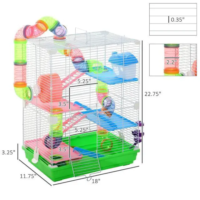Alt view image 7 of 7 - PawHut 18" 5 Tier Hamster Cage w/Tubes and Tunnels for Gerbil Green&White | Small Animal Cage, Portable Carry Handle, Water Bottle, Food Dish, Exercise Wheel