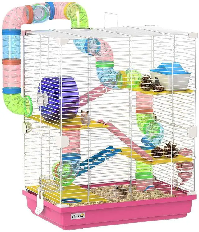 Main image of PawHut 18" 5 Tier Hamster Cage w/Tubes and Tunnels for Gerbil Pink | Small Animal Cage, Portable Carry Handle, Water Bottle, Food Dish, Exercise Wheel