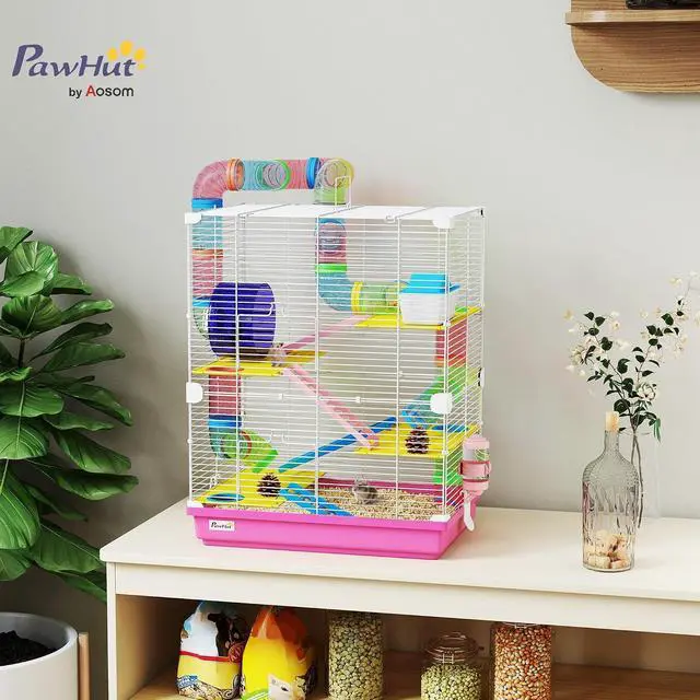 Alt view image 2 of 7 - PawHut 18" 5 Tier Hamster Cage w/Tubes and Tunnels for Gerbil Pink | Small Animal Cage, Portable Carry Handle, Water Bottle, Food Dish, Exercise Wheel