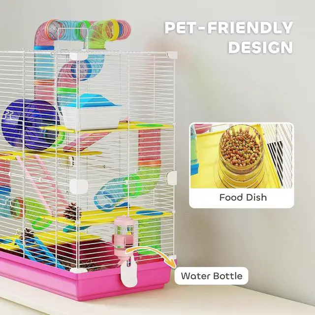 Alt view image 4 of 7 - PawHut 18" 5 Tier Hamster Cage w/Tubes and Tunnels for Gerbil Pink | Small Animal Cage, Portable Carry Handle, Water Bottle, Food Dish, Exercise Wheel