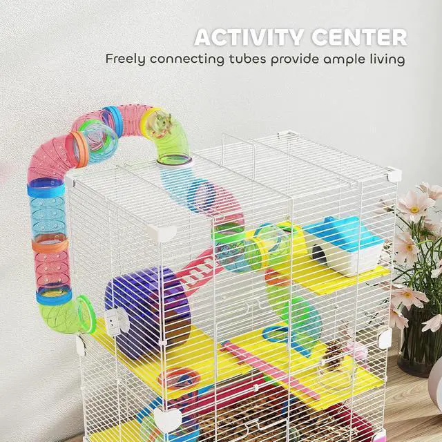 Alt view image 3 of 7 - PawHut 18" 5 Tier Hamster Cage w/Tubes and Tunnels for Gerbil Pink | Small Animal Cage, Portable Carry Handle, Water Bottle, Food Dish, Exercise Wheel