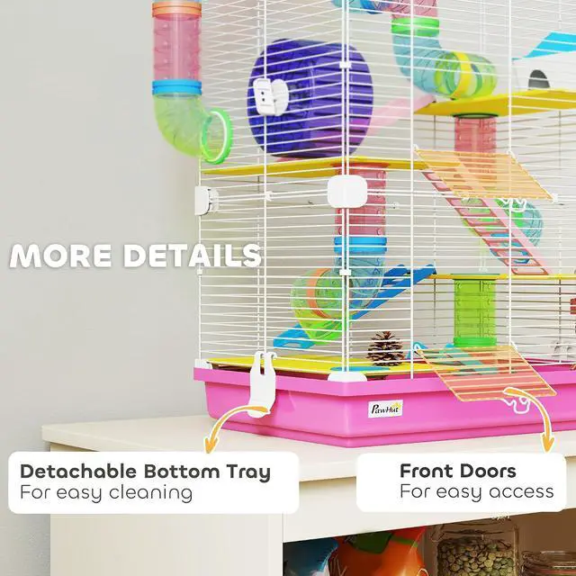 Alt view image 6 of 7 - PawHut 18" 5 Tier Hamster Cage w/Tubes and Tunnels for Gerbil Pink | Small Animal Cage, Portable Carry Handle, Water Bottle, Food Dish, Exercise Wheel