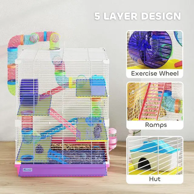 Alt view image 5 of 7 - PawHut 18" 5 Tier Hamster Cage w/Tubes and Tunnels for Gerbil Pink | Small Animal Cage, Portable Carry Handle, Water Bottle, Food Dish, Exercise Wheel