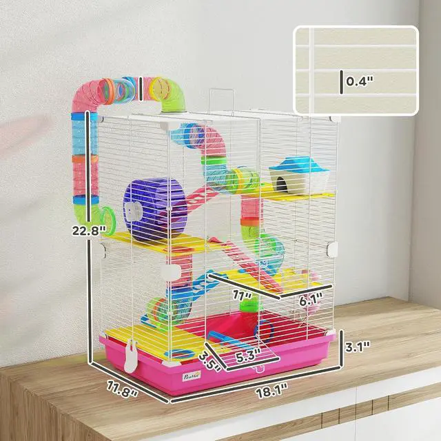 Alt view image 7 of 7 - PawHut 18" 5 Tier Hamster Cage w/Tubes and Tunnels for Gerbil Pink | Small Animal Cage, Portable Carry Handle, Water Bottle, Food Dish, Exercise Wheel