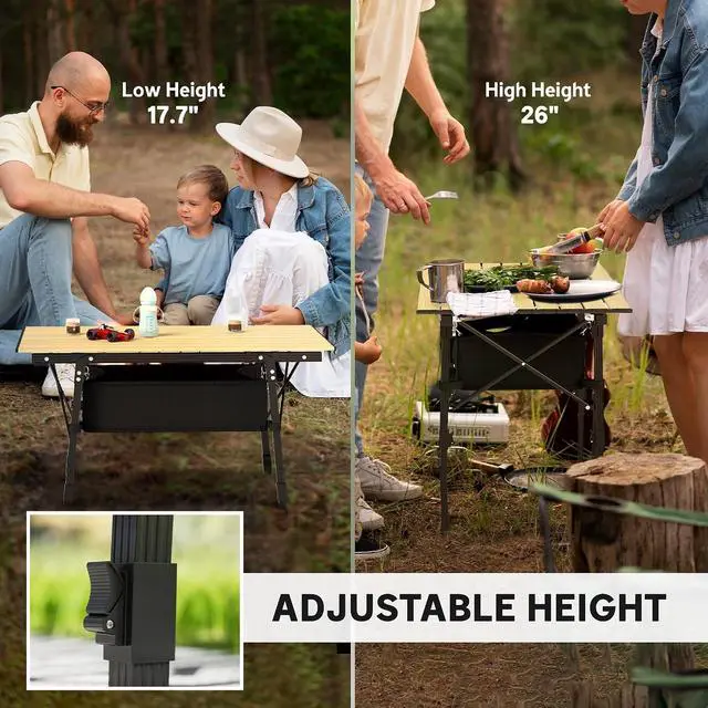 Alt view image 5 of 7 - 3ft Portable Camping Table Storage Bag Aluminum Lightweight Brown | Adjustable Height, Small Folding Table, Picnic, Outdoor Picnic BBQ Backyards Beach