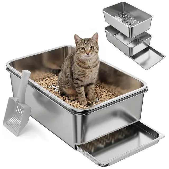 Main image of PawHut Stainless Steel Sifting Cat Litter Box 23.6" x 15.7" x 7.9" XL | for Pine Pellets & Big Cats, with Sifting Pan, Leak Free, Low Maintenance, Odor Free, Low Dust, Includes Scooper