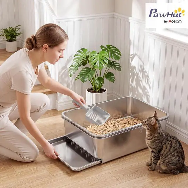 Alt view image 2 of 7 - PawHut Stainless Steel Sifting Cat Litter Box 23.6" x 15.7" x 7.9" XL | for Pine Pellets & Big Cats, with Sifting Pan, Leak Free, Low Maintenance, Odor Free, Low Dust, Includes Scooper