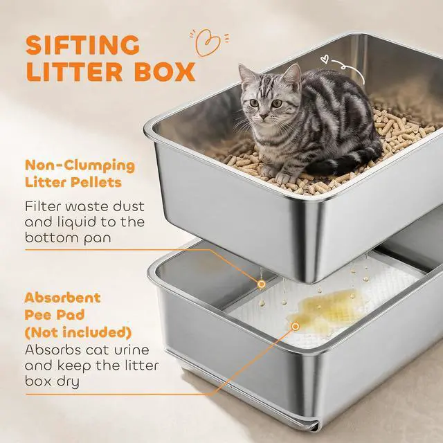 Alt view image 3 of 7 - PawHut Stainless Steel Sifting Cat Litter Box 23.6" x 15.7" x 7.9" XL | for Pine Pellets & Big Cats, with Sifting Pan, Leak Free, Low Maintenance, Odor Free, Low Dust, Includes Scooper