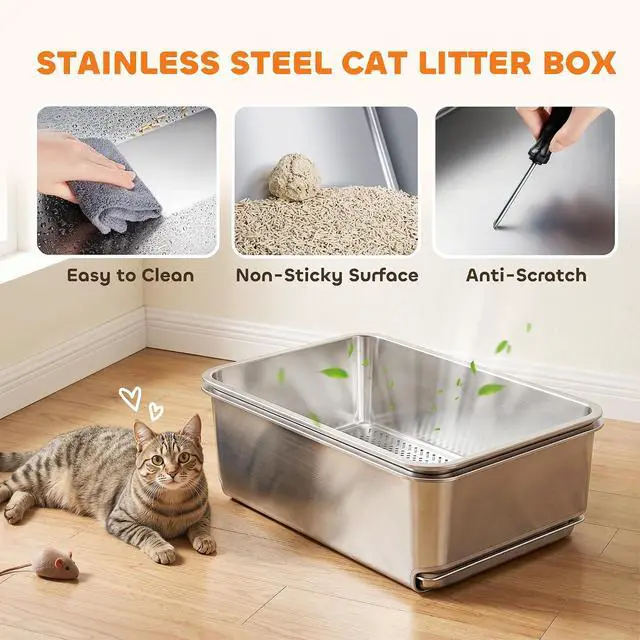 Alt view image 5 of 7 - PawHut Stainless Steel Sifting Cat Litter Box 23.6" x 15.7" x 7.9" XL | for Pine Pellets & Big Cats, with Sifting Pan, Leak Free, Low Maintenance, Odor Free, Low Dust, Includes Scooper