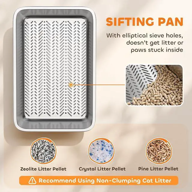 Alt view image 4 of 7 - PawHut Stainless Steel Sifting Cat Litter Box 23.6" x 15.7" x 7.9" XL | for Pine Pellets & Big Cats, with Sifting Pan, Leak Free, Low Maintenance, Odor Free, Low Dust, Includes Scooper
