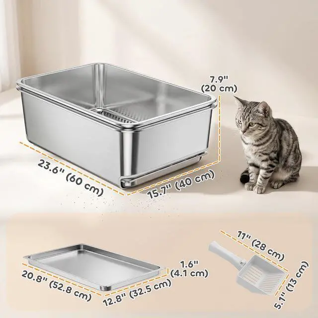 Alt view image 7 of 7 - PawHut Stainless Steel Sifting Cat Litter Box 23.6" x 15.7" x 7.9" XL | for Pine Pellets & Big Cats, with Sifting Pan, Leak Free, Low Maintenance, Odor Free, Low Dust, Includes Scooper