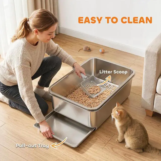 Alt view image 6 of 7 - PawHut Stainless Steel Sifting Cat Litter Box 23.6" x 15.7" x 7.9" XL | for Pine Pellets & Big Cats, with Sifting Pan, Leak Free, Low Maintenance, Odor Free, Low Dust, Includes Scooper