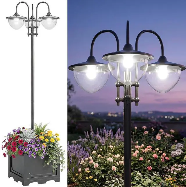 Main image of 74.5" 3-Head Solar Lamp Post Light Outdoor with Planter, Black | Solar Pole Lights, Waterproof LED Lighting, Backyard Pathway Patio Lawn Driveway Decor