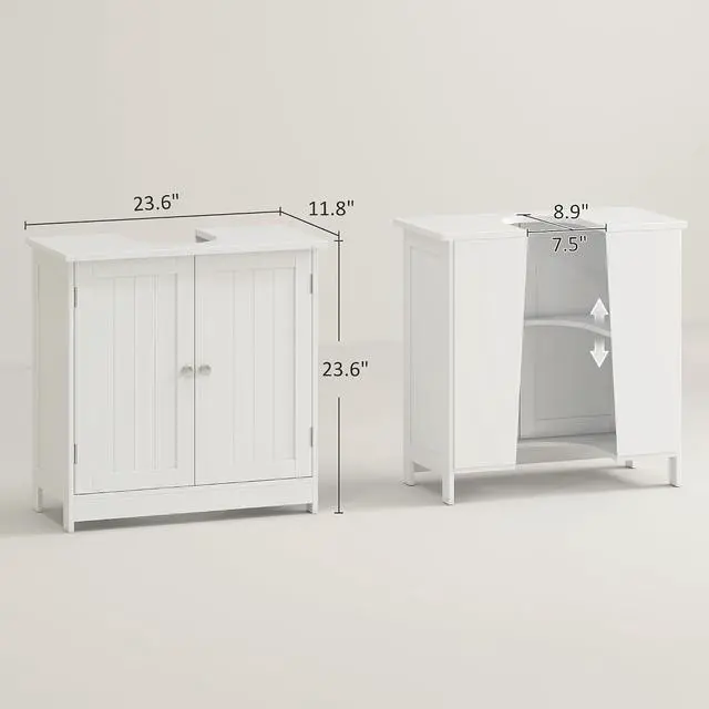 Alt view image 3 of 7 - Under Sink Bathroom Cabinet with 2 Doors, Shelf, U-Shape, White | Pedestal Sink Storage Cabinet
