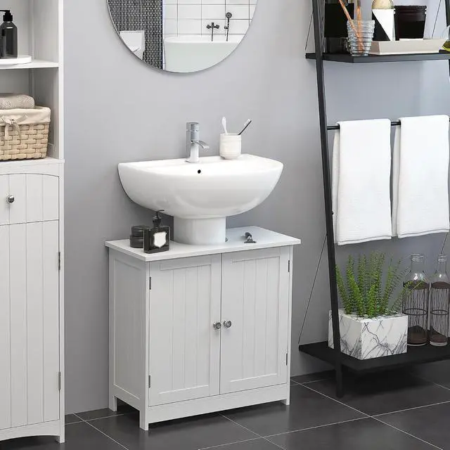 Alt view image 2 of 7 - Under Sink Bathroom Cabinet with 2 Doors, Shelf, U-Shape, White | Pedestal Sink Storage Cabinet
