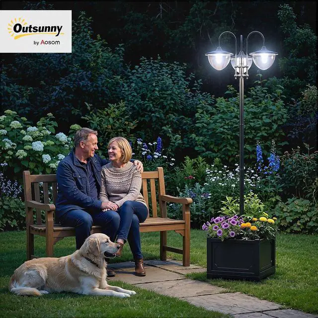 Alt view image 2 of 7 - 74.5" 3-Head Solar Lamp Post Light Outdoor with Planter, Black | Solar Pole Lights, Waterproof LED Lighting, Backyard Pathway Patio Lawn Driveway Decor