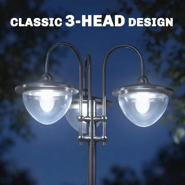 Alt view image 3 of 7 - 74.5" 3-Head Solar Lamp Post Light Outdoor with Planter, Black | Solar Pole Lights, Waterproof LED Lighting, Backyard Pathway Patio Lawn Driveway Decor