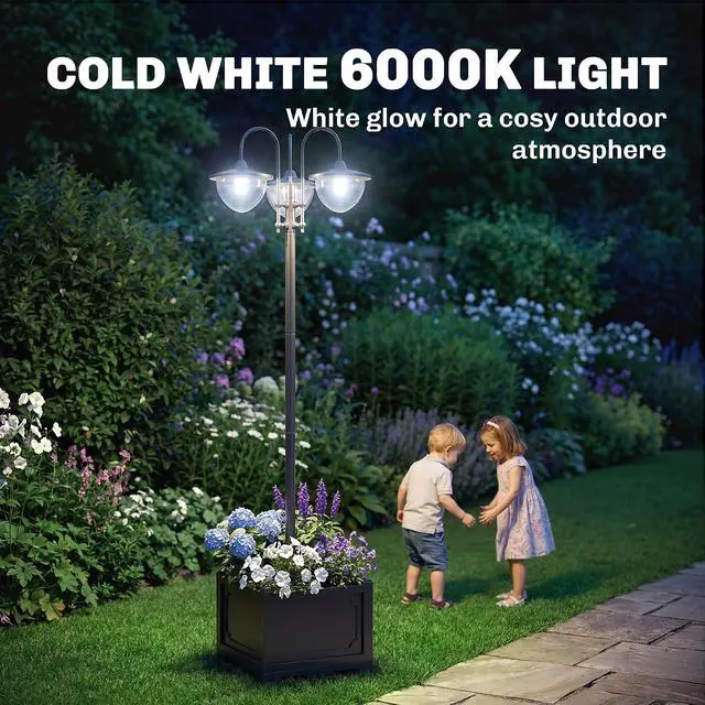 Alt view image 6 of 7 - 74.5" 3-Head Solar Lamp Post Light Outdoor with Planter, Black | Solar Pole Lights, Waterproof LED Lighting, Backyard Pathway Patio Lawn Driveway Decor