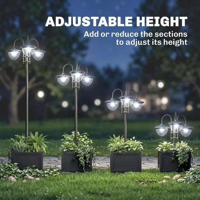 Alt view image 7 of 7 - 74.5" 3-Head Solar Lamp Post Light Outdoor with Planter, Black | Solar Pole Lights, Waterproof LED Lighting, Backyard Pathway Patio Lawn Driveway Decor