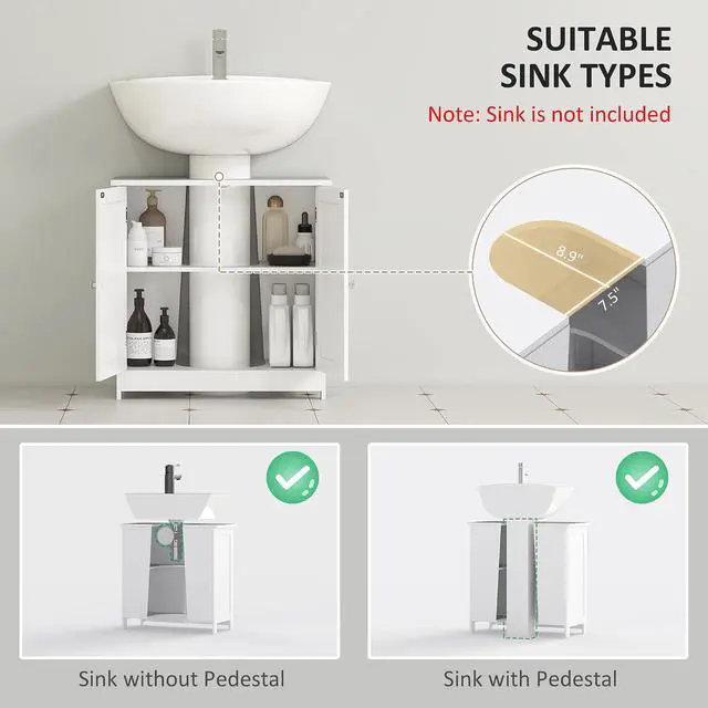 Alt view image 4 of 7 - Under Sink Bathroom Cabinet with 2 Doors, Shelf, U-Shape, White | Pedestal Sink Storage Cabinet