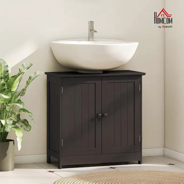 Alt view image 2 of 7 - Under Sink Bathroom Cabinet, Pedestal Sink Storage Cabinet with 2 Doors, Shelf and U-Shape, Coffee