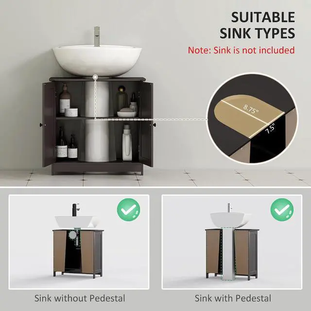 Alt view image 4 of 7 - Under Sink Bathroom Cabinet, Pedestal Sink Storage Cabinet with 2 Doors, Shelf and U-Shape, Coffee