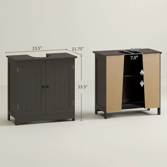 Alt view image 3 of 7 - Under Sink Bathroom Cabinet, Pedestal Sink Storage Cabinet with 2 Doors, Shelf and U-Shape, Coffee