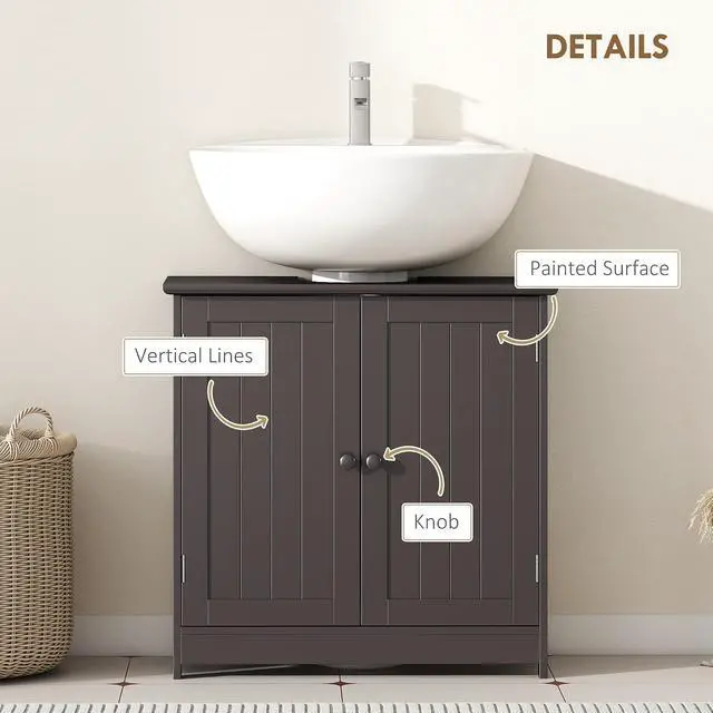 Alt view image 6 of 7 - Under Sink Bathroom Cabinet, Pedestal Sink Storage Cabinet with 2 Doors, Shelf and U-Shape, Coffee