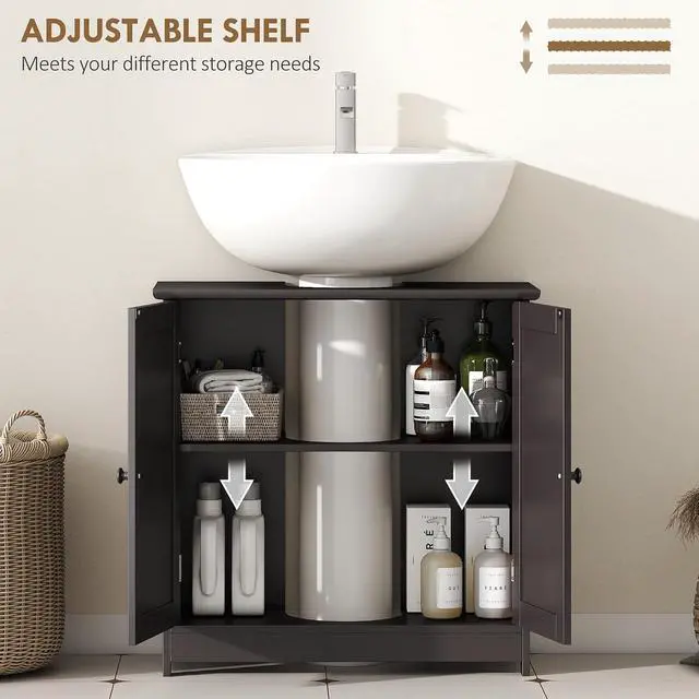 Alt view image 5 of 7 - Under Sink Bathroom Cabinet, Pedestal Sink Storage Cabinet with 2 Doors, Shelf and U-Shape, Coffee
