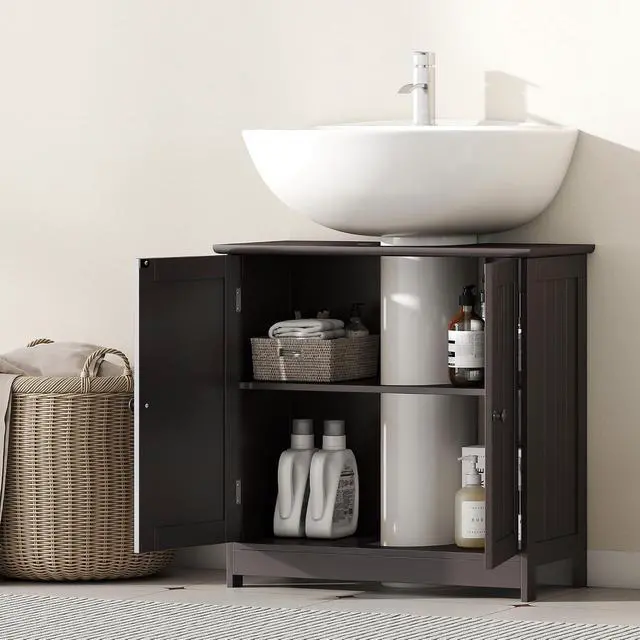 Alt view image 7 of 7 - Under Sink Bathroom Cabinet, Pedestal Sink Storage Cabinet with 2 Doors, Shelf and U-Shape, Coffee