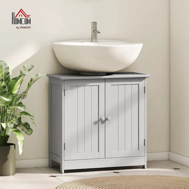 Alt view image 2 of 7 - Under Sink Bathroom Cabinet, Pedestal Sink Storage Cabinet with 2 Doors, Shelf and U-Shape, Light Gray