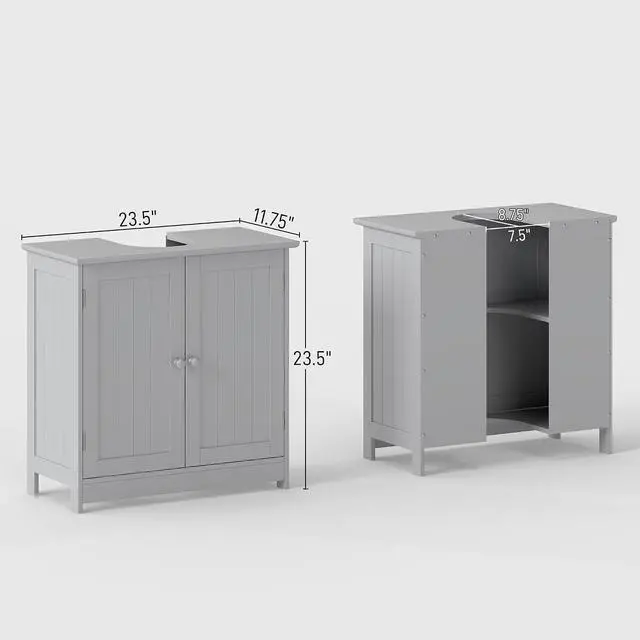 Alt view image 3 of 7 - Under Sink Bathroom Cabinet, Pedestal Sink Storage Cabinet with 2 Doors, Shelf and U-Shape, Light Gray