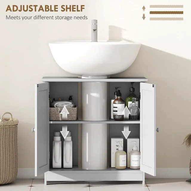 Alt view image 5 of 7 - Under Sink Bathroom Cabinet, Pedestal Sink Storage Cabinet with 2 Doors, Shelf and U-Shape, Light Gray