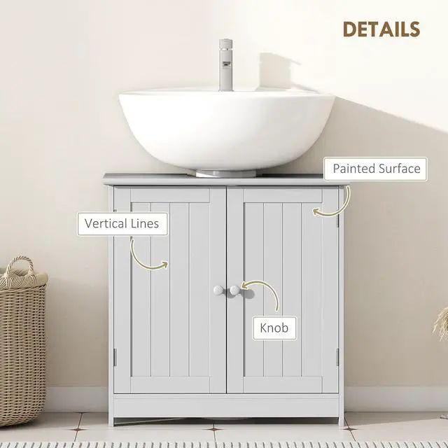 Alt view image 6 of 7 - Under Sink Bathroom Cabinet, Pedestal Sink Storage Cabinet with 2 Doors, Shelf and U-Shape, Light Gray