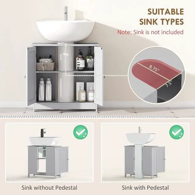 Alt view image 4 of 7 - Under Sink Bathroom Cabinet, Pedestal Sink Storage Cabinet with 2 Doors, Shelf and U-Shape, Light Gray