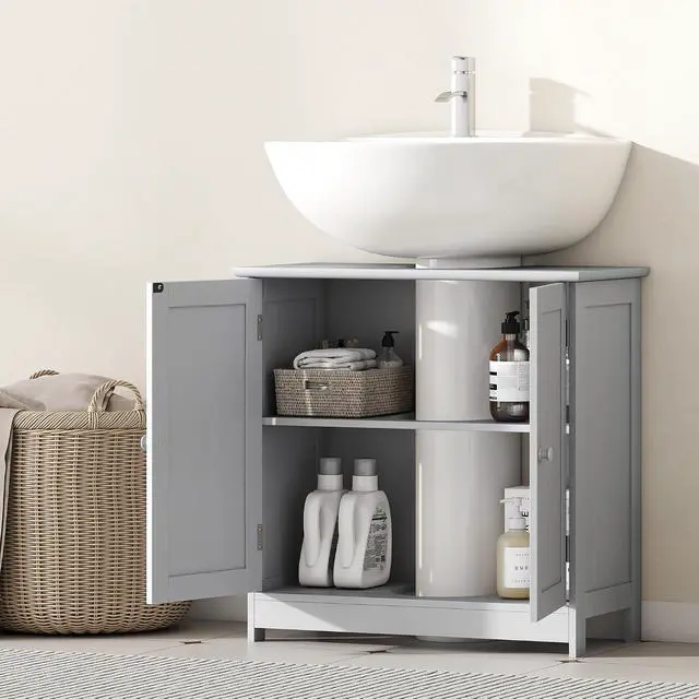 Alt view image 7 of 7 - Under Sink Bathroom Cabinet, Pedestal Sink Storage Cabinet with 2 Doors, Shelf and U-Shape, Light Gray