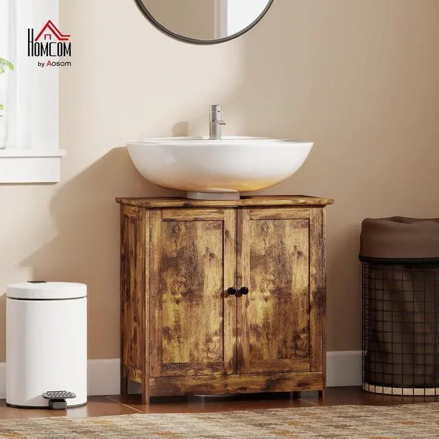 Alt view image 2 of 7 - Under Sink Bathroom Cabinet with 2 Doors Shelf Rustic Brown | Pedestal Sink Storage Cabinet, U-Shape