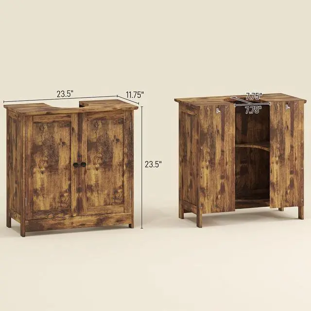 Alt view image 3 of 7 - Under Sink Bathroom Cabinet with 2 Doors Shelf Rustic Brown | Pedestal Sink Storage Cabinet, U-Shape