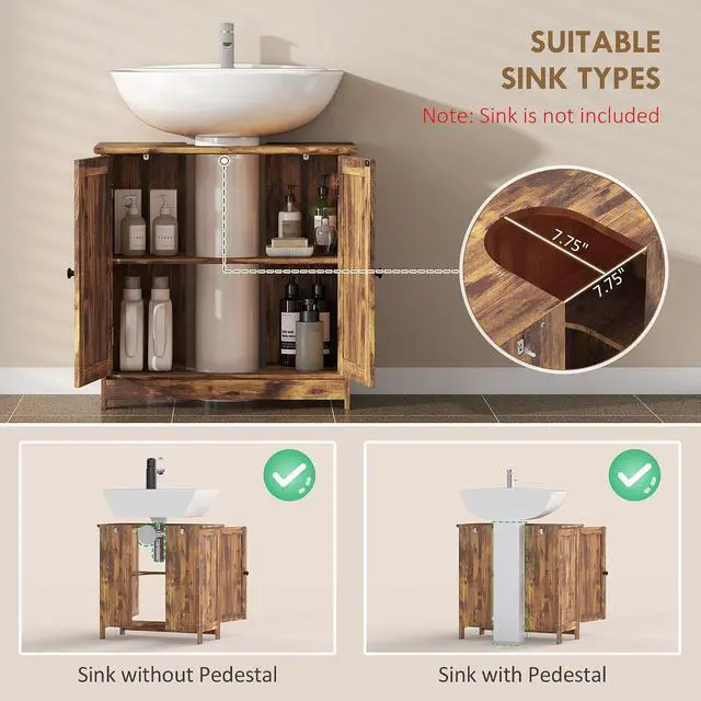 Alt view image 4 of 7 - Under Sink Bathroom Cabinet with 2 Doors Shelf Rustic Brown | Pedestal Sink Storage Cabinet, U-Shape