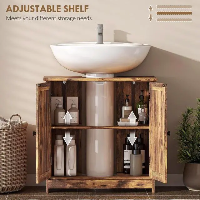 Alt view image 5 of 7 - Under Sink Bathroom Cabinet with 2 Doors Shelf Rustic Brown | Pedestal Sink Storage Cabinet, U-Shape