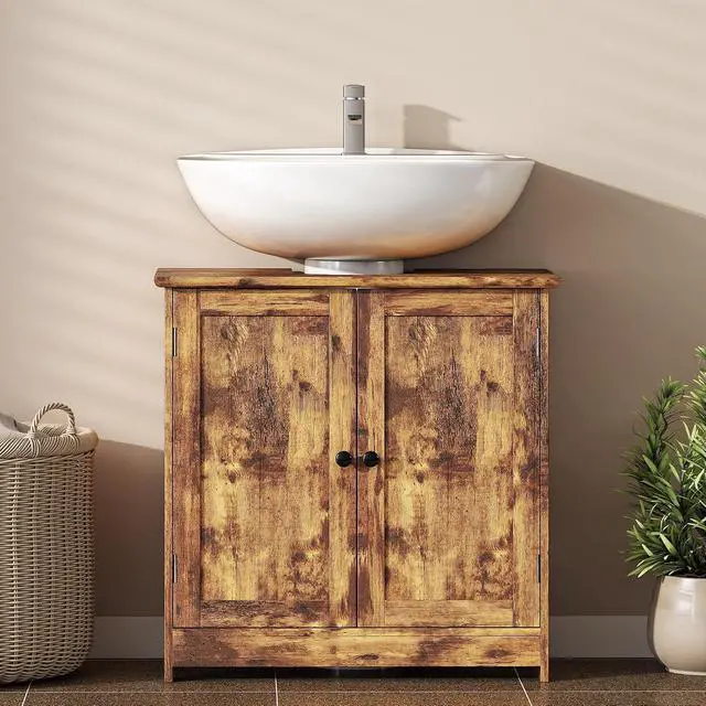 Alt view image 6 of 7 - Under Sink Bathroom Cabinet with 2 Doors Shelf Rustic Brown | Pedestal Sink Storage Cabinet, U-Shape