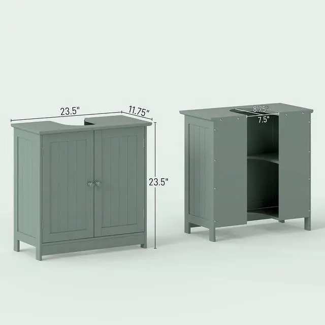 Alt view image 3 of 7 - Under Sink Bathroom Cabinet with 2 Doors Shelf Dark Green | Pedestal Sink Storage Cabinet, U-Shape